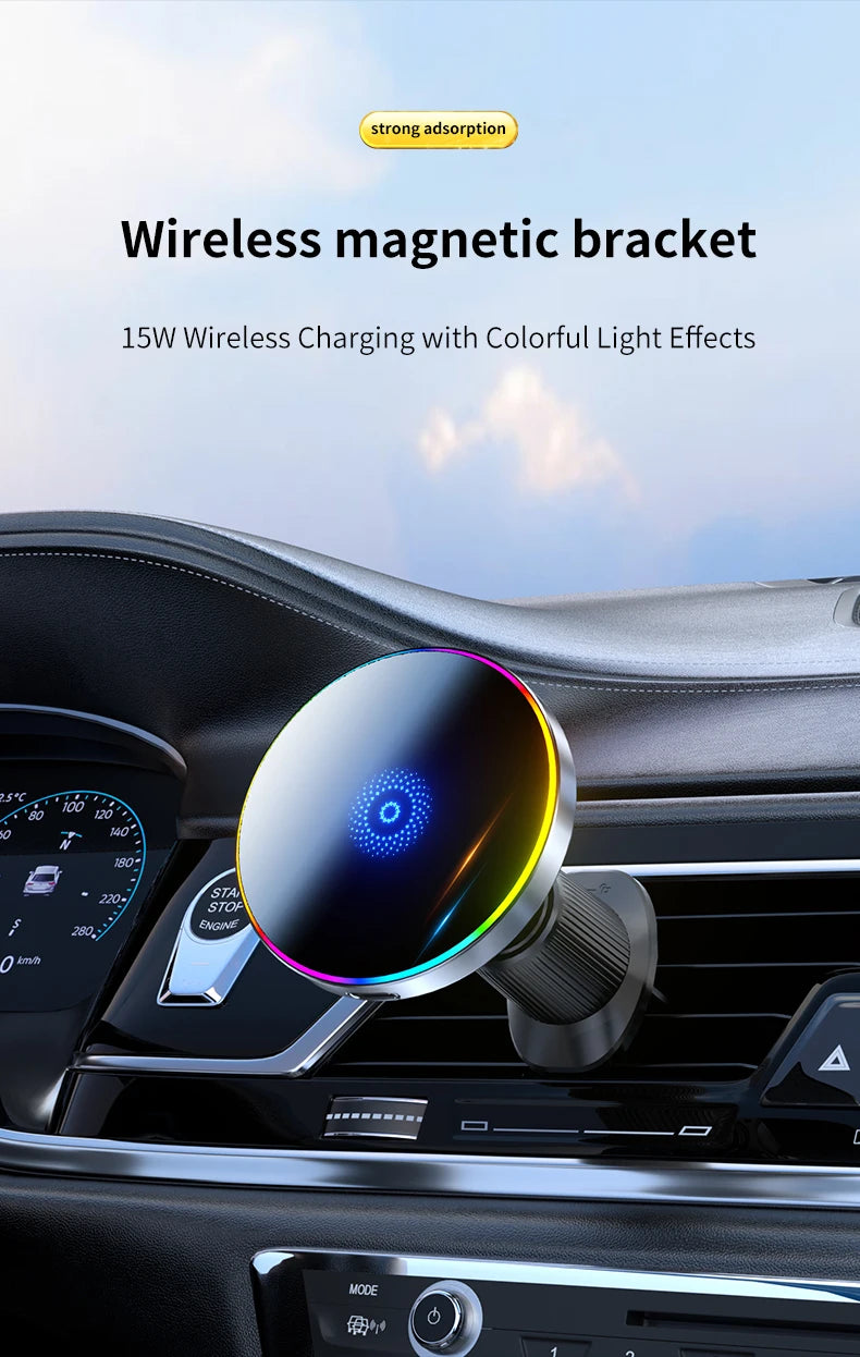 Car Magnetic Phone Holder Magnetic Wireless Car Charger Mount 15W Magnetic RGB LED Lights Magsafe Charger Base Accessories Phone