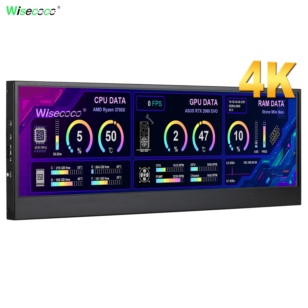 Wisecoco 14 Inch Widescreen Stretched Bar Monitor 3840x1100 4K IPS LCD Monitor Aida64 Raspberry Pi Win10 11 PC Secondary Monitor