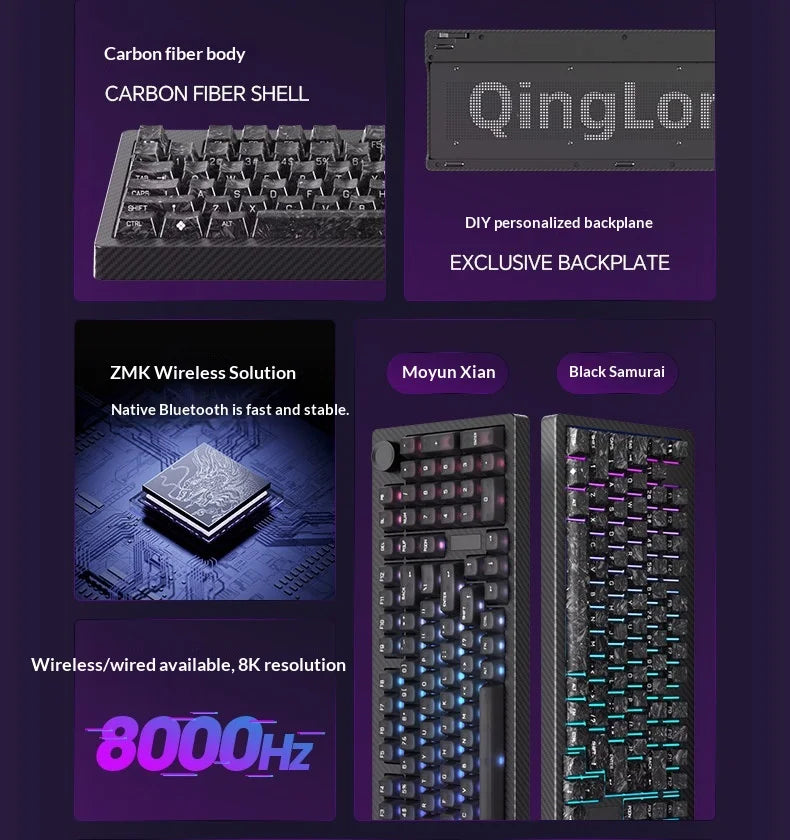 SKN Qinglong Mechanical Keyboard Gaming Custom Wireless Tri Mode Dual 8K Composite Carbon Fiber RGB Backlit Suspension Office