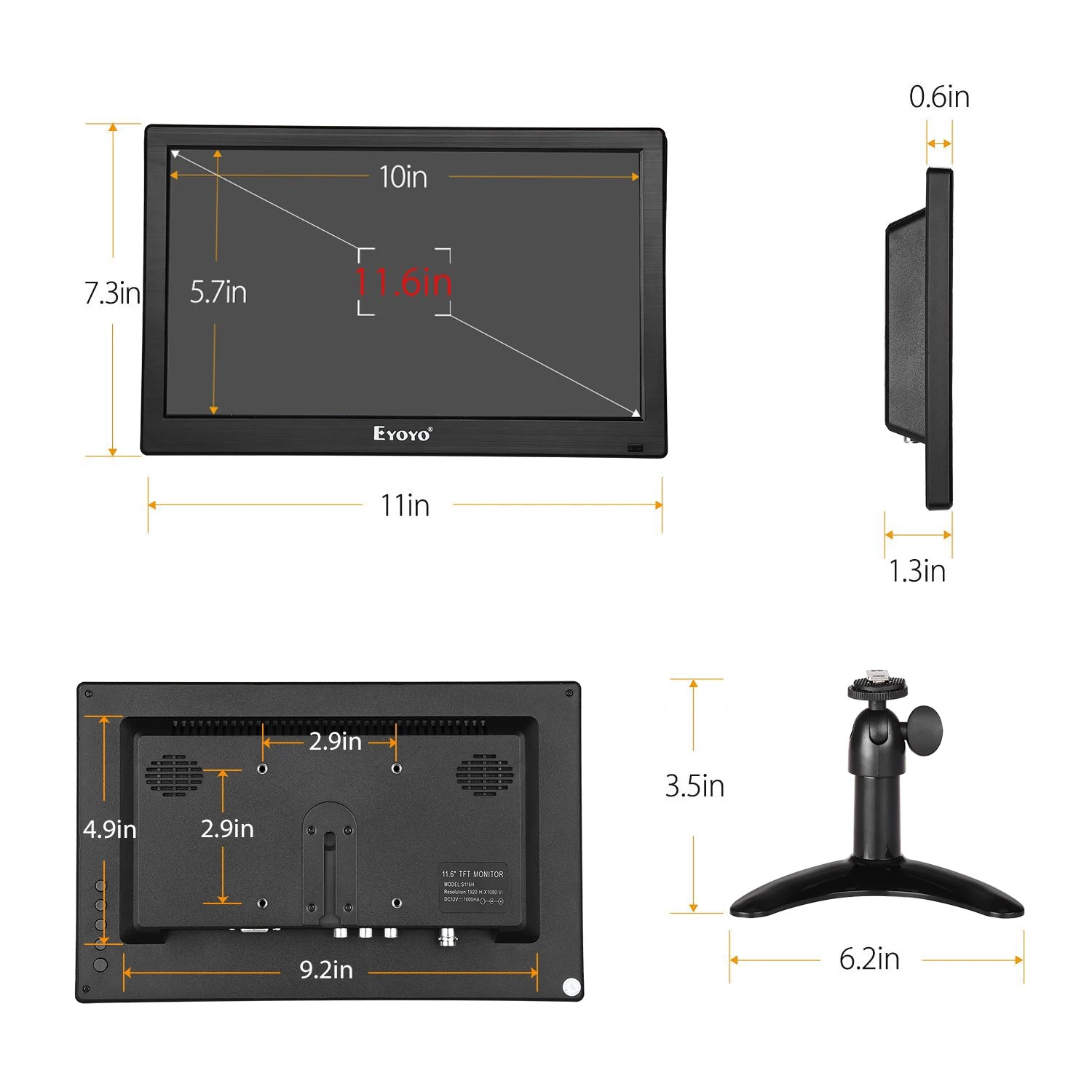 Eyoyo 12 Inch CCTV Surveillance Security Monitor HD 1920*1080 IPS LCD Home Office Desktop Display With Speaker VGA BNC USB Input