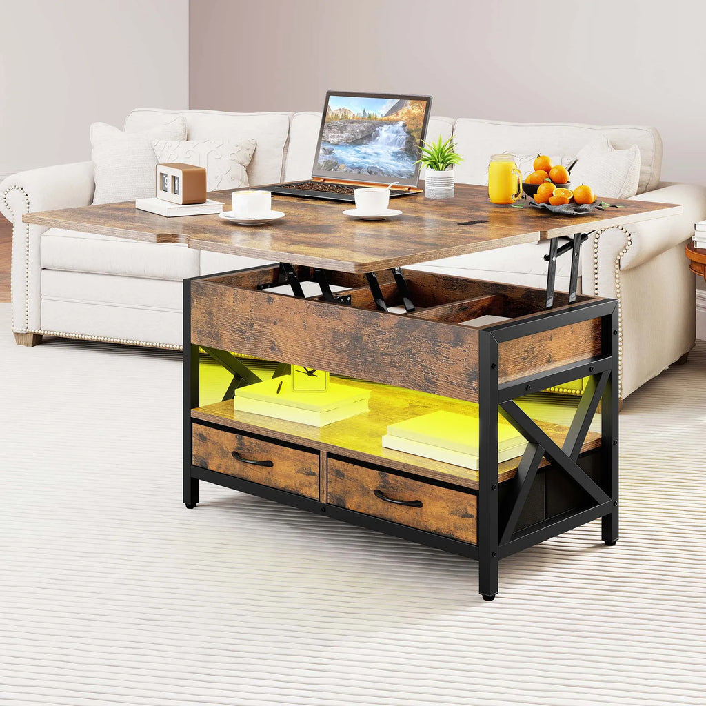 Balconera Lift-Top Coffee Table with Storage - Extendable Dining Table with 2 Drawers & LED Light, 90×50×51.5cm