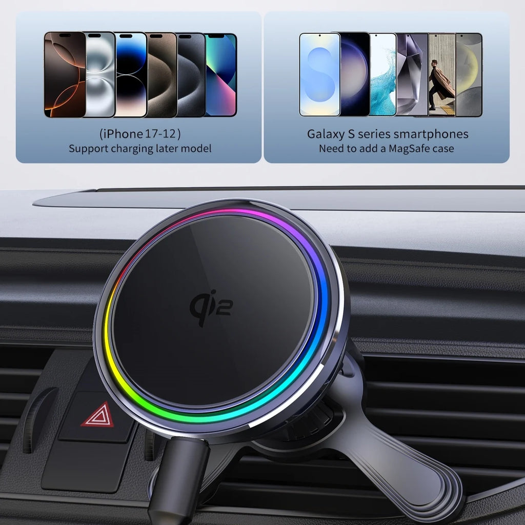 HaaYot QI2 Ice Cooling 25W Magnetic Wireless Car Charger RGB Fast Charging Car Phone Holder Stand For Magsafe iPhone 17 16 15 14