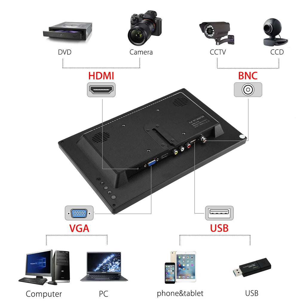 Eyoyo 12 Inch CCTV Surveillance Security Monitor HD 1920*1080 IPS LCD Home Office Desktop Display With Speaker VGA BNC USB Input