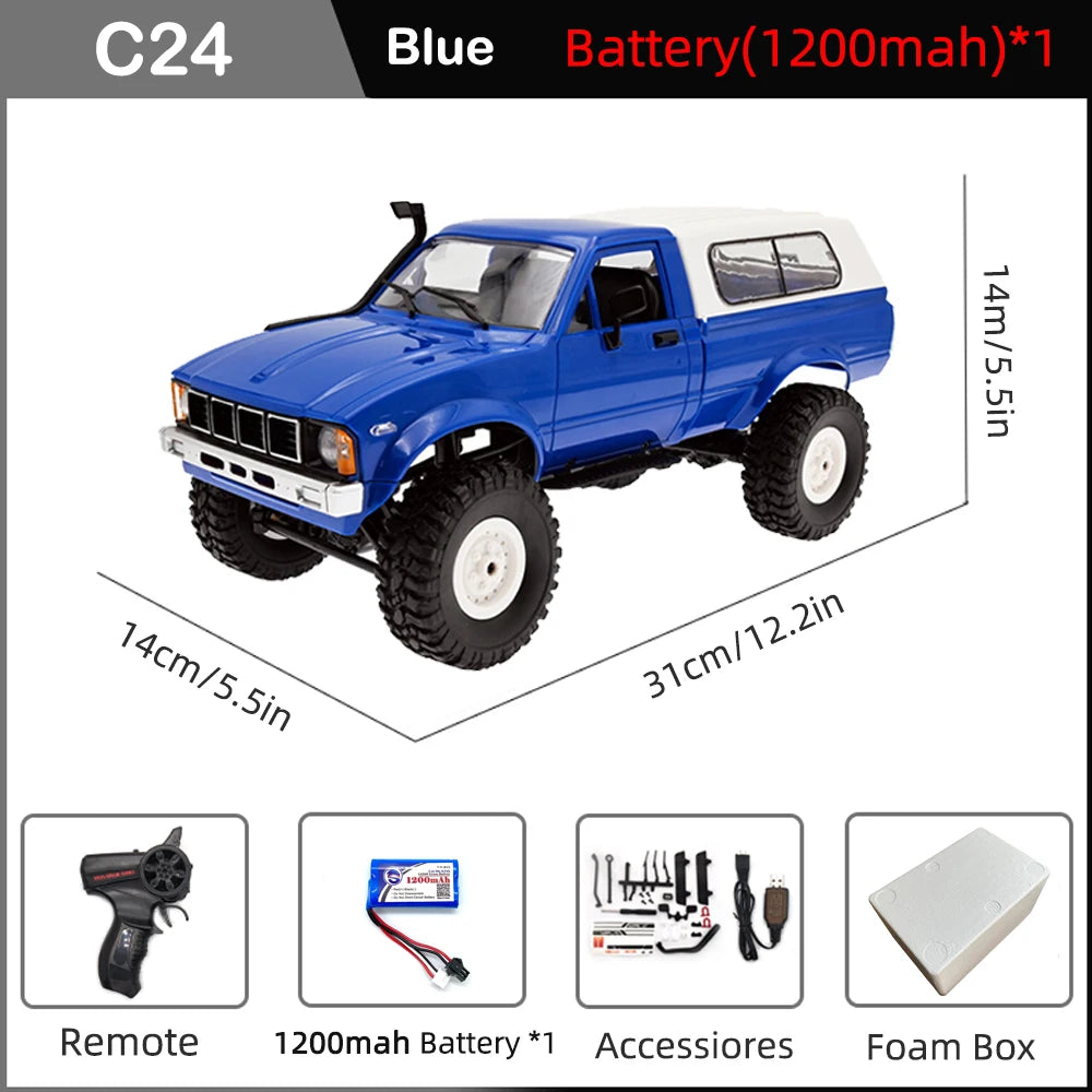 WPL C24 Full Scale RC Car 2.4G 4WD Rock Crawler Electric Buggy Climbing Truck LED Light On-road 1/16 For Kids Gifts Toys