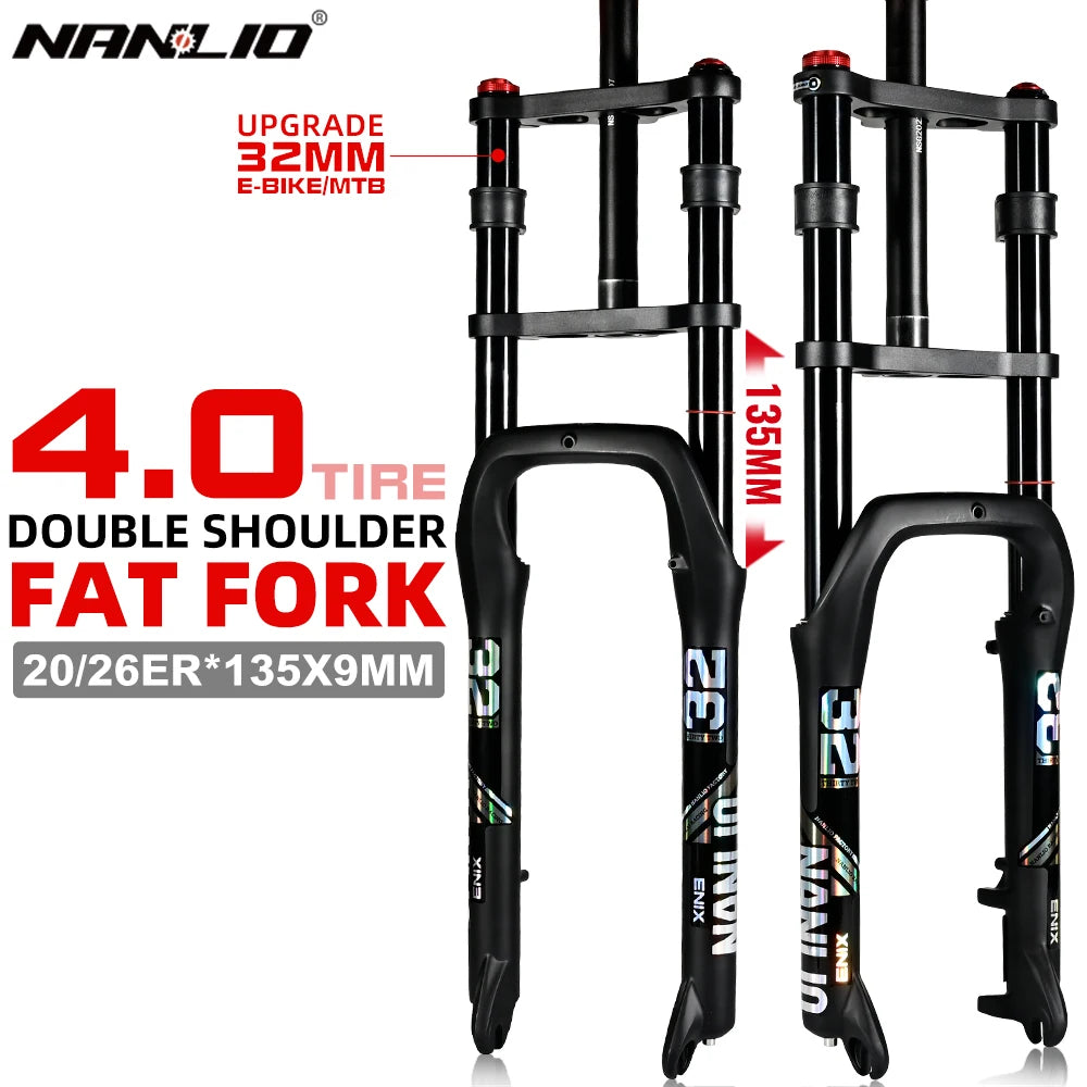 Nanlio Double Shoulder Snow Fork 20/26x4.0 Inch Fat Tire Air Suspension34mm Tube 135mm Hub Width for E-Bike MTB Electric Bicycle