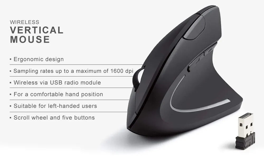 Wireless Mouse Vertical USB 2.4GHz Ergonomic 800/1200/1600 DPI 6 Mute Buttons For MacBook Tablet Laptops PC Computer Accessories