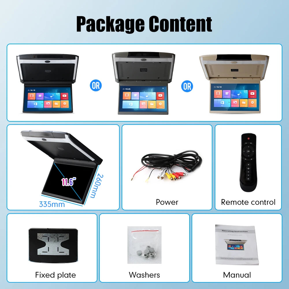 11.6 Inch Car Roof Monitor TV Flip Down 1080P Video HD Screen IPS Screen With Blue Ambient Light SD HDMI FM Android 10