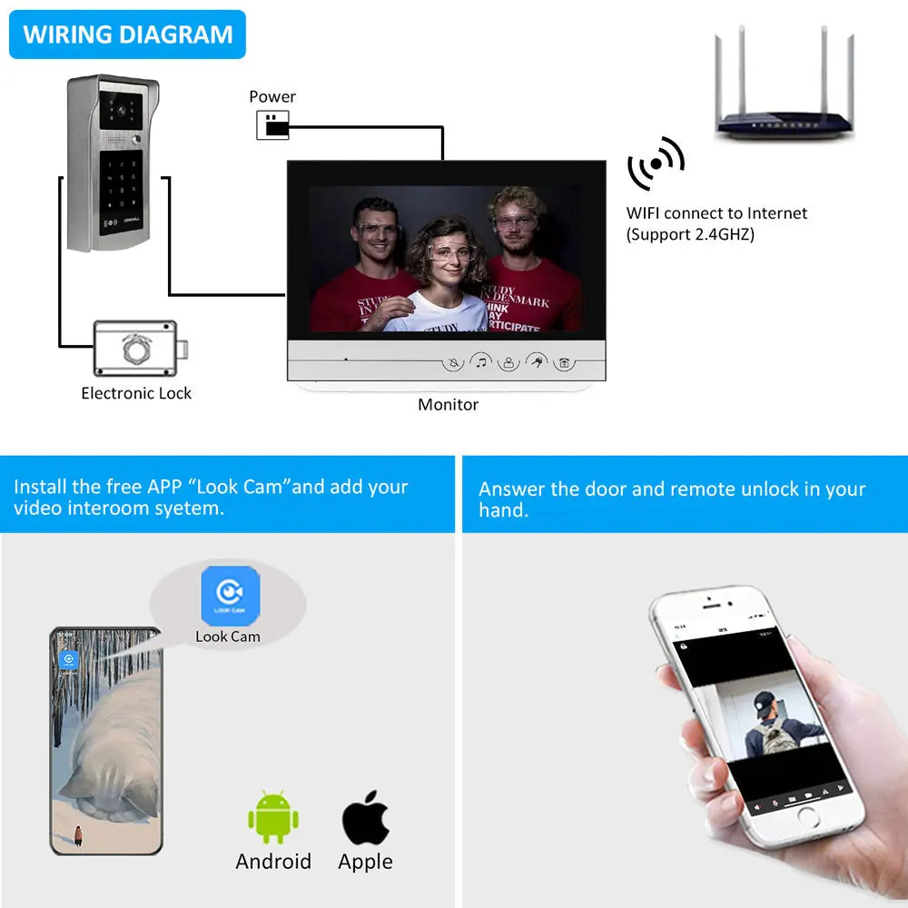 9Inch TFT Monitor  Wired WIFI IP Doorbell Rifd Card/Password  Acess Control Video Door Phone Intercom Visual Peephole Viewer