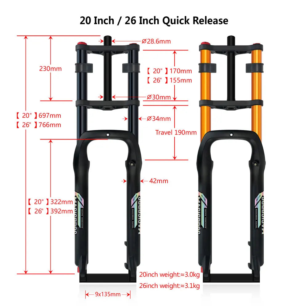 20x4.0 26*4.0 Dual Crown Motor Fork QR 9*135mm 15*135mm Beach Snow Bike Electric Fat Tire Bike Motorcycle Double Crown Air Fork