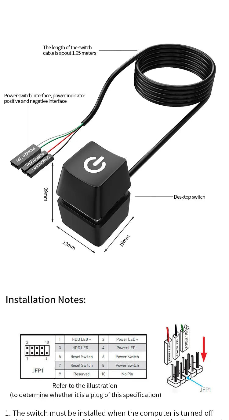 Computer Desktop Shortcut Switch Colorful LED PC Motherboard External Start Power On/Off Button Extension Cable For Home Office