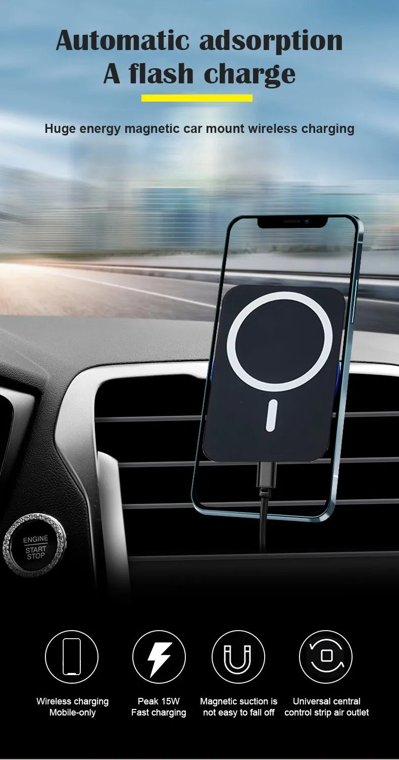 Magnetic Wireless Car Charger Air Vent Clip Phone Holder For Magsafe iPhone17 16 15 14 13 12 Pro Max Fast Car Charging Stand