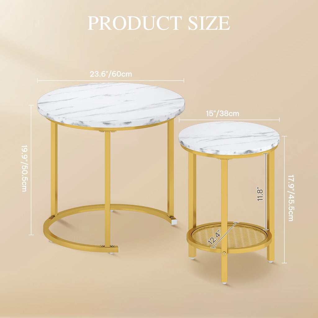 YITAHOME 2-Piece Nesting Coffee Table Set - Round Wood Top & Metal Frame with Storage, 60x60x50.5cm, Easy Assembly