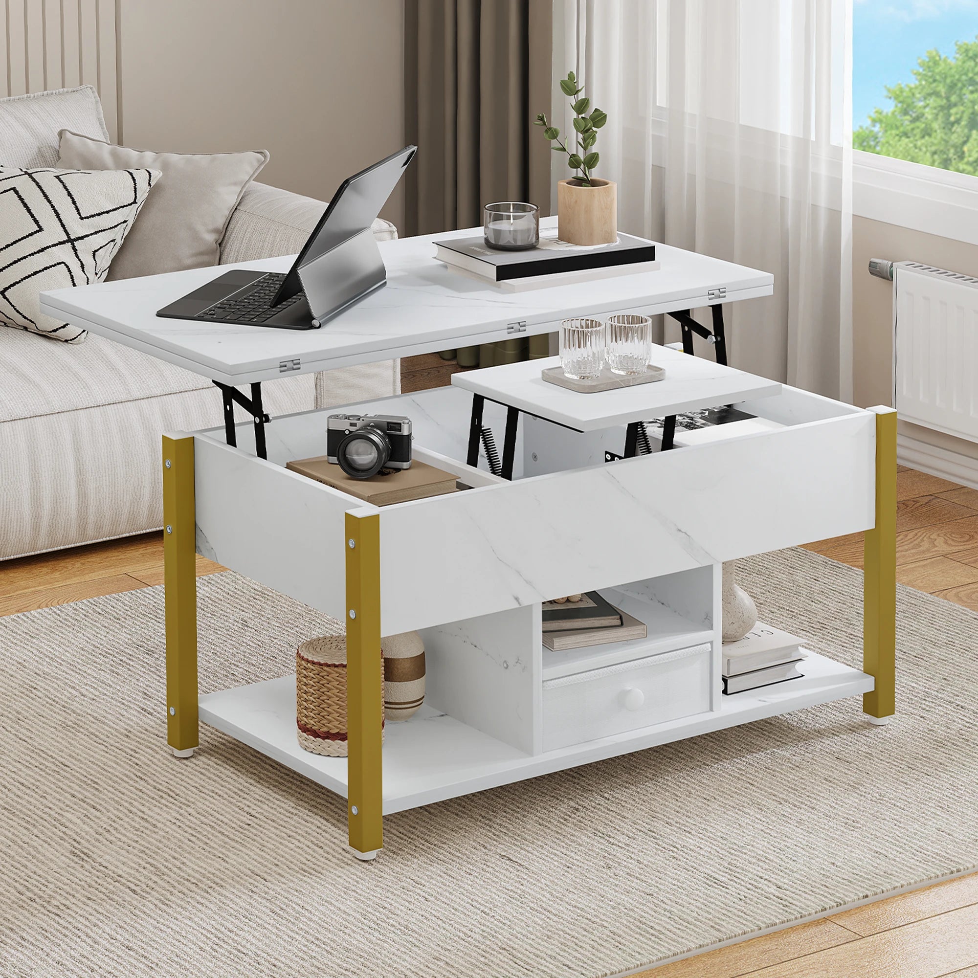 YITAHOME White Marble Lift Top Coffee Table 4 in 1 with Drawers Storage Converts to Dining Table for Living Room