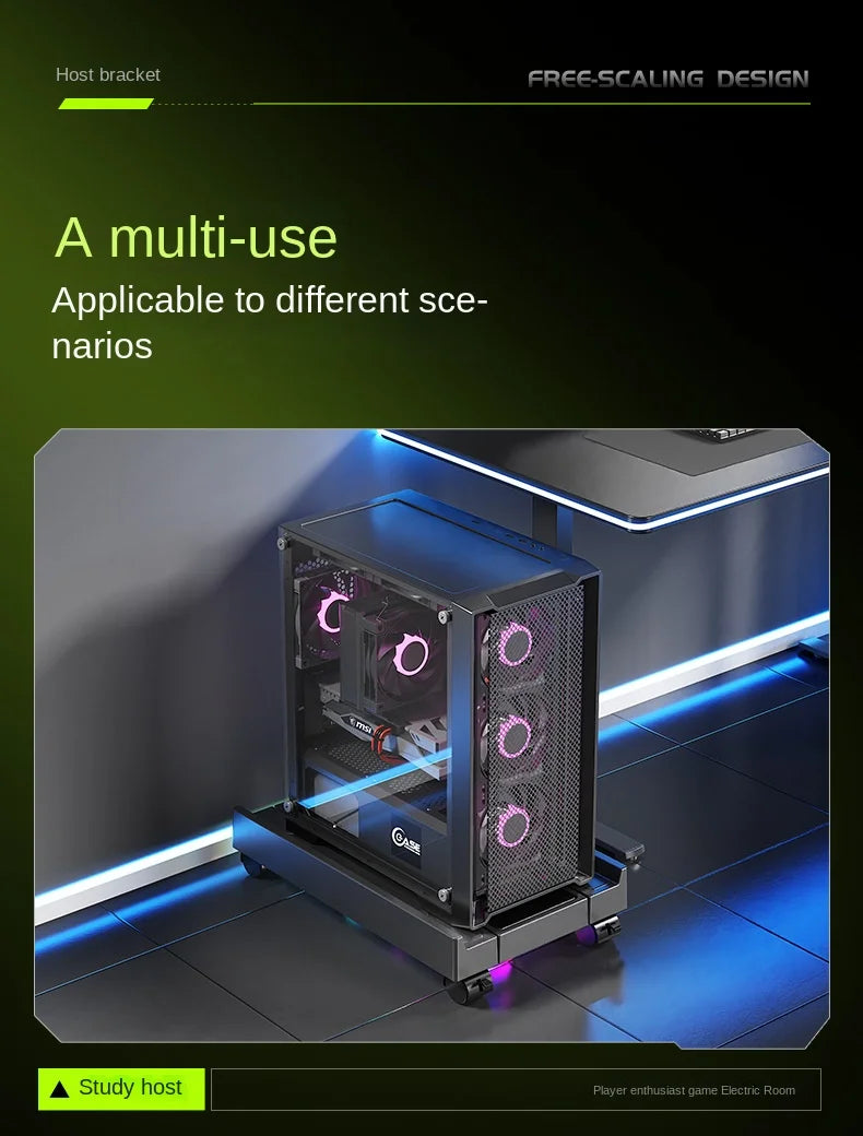 Mobile PC Tower Stand Adjustable Computer CPU Holder Telescopic Desktop Stand CPU Cart with RGB Cooling Fan Heat Dissipation