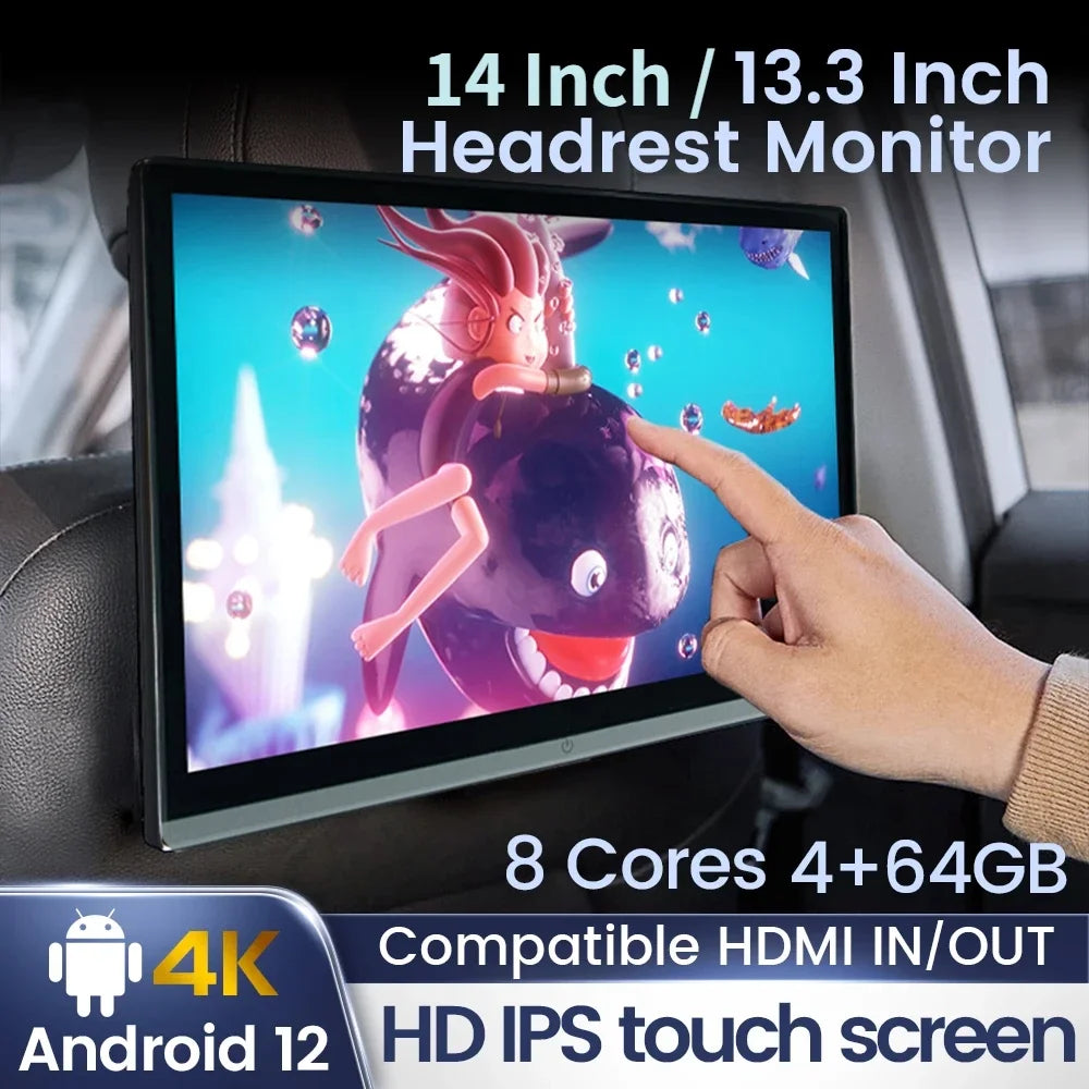 13.3/14" Car Headrest Monitor Display IPS Android 12 2G+32G/4G+64G/8G+128G Touch Screen For Car Rear Seat Player Dual HDMI Music