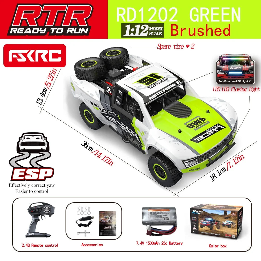 Hb-Rd1201-1204 1:12 Scale 4WD High-Speed Remote Control Car with LED Light 2.4GHz Frequency 45km/h RC Short Truck Toy Model