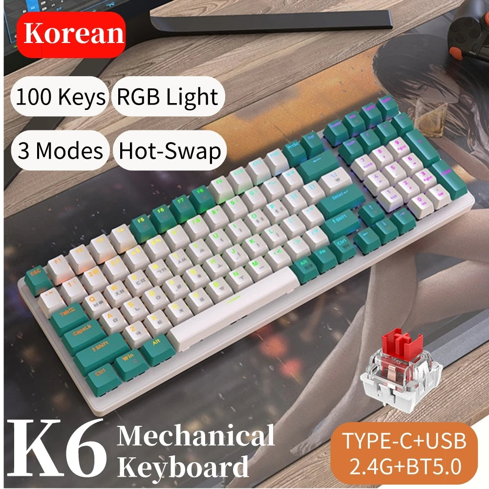 Korean K96 Mechanical Gaming Keyboard Wireless Wired Keyboard Bluetooth-compatible Gamer Keypad 100 Keys K6 Personalized Keycap
