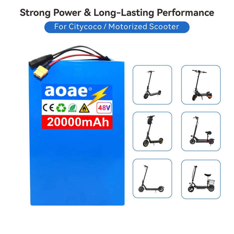 48V Battery Electric Scooter 13S8P 20Ah 18650 Grade-A Cells Battery Pack 2000W Built-in 50A BMS Long Range Safe & Durable
