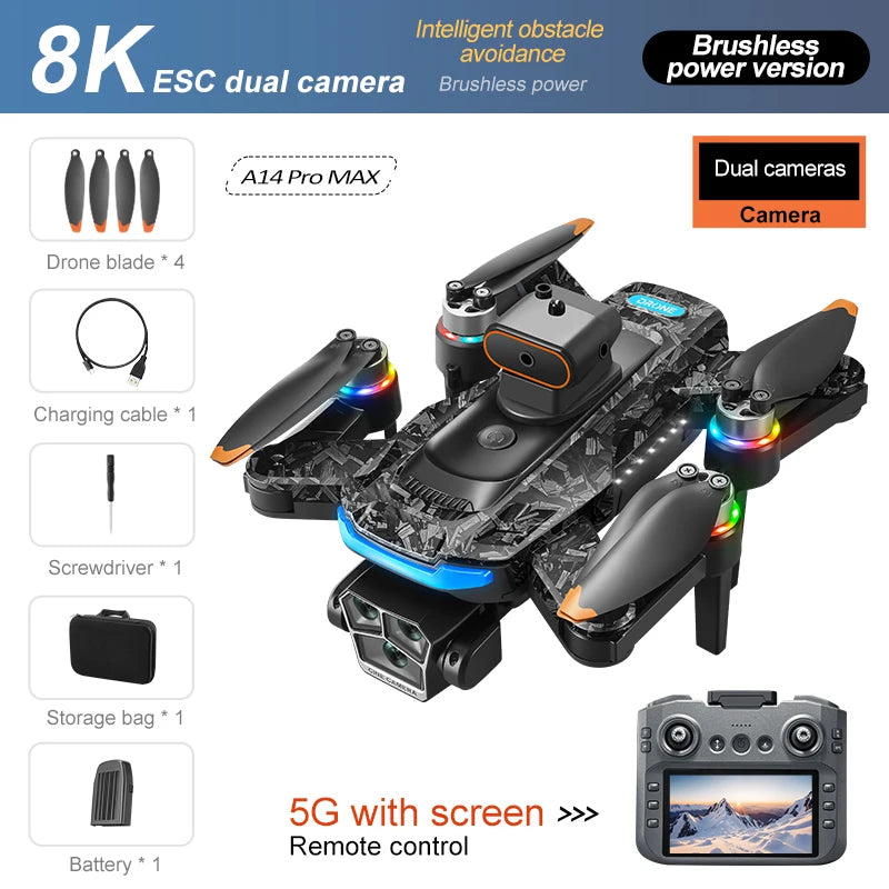 New A14ProMax 8K Drone 4.3Inch Screen Control GPS Brushless Motor Dual Camera Optical Flow Obstacle Avoidance Foldable RC UAV