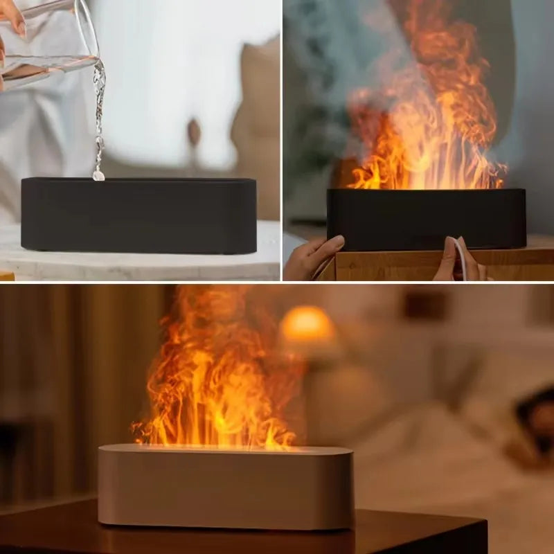 Essential Oil Aroma Diffuser, Flame Air Humidifier, Ultrasonic Fresh Mist, Diffuser with Realistic Fire RGB, Night Light