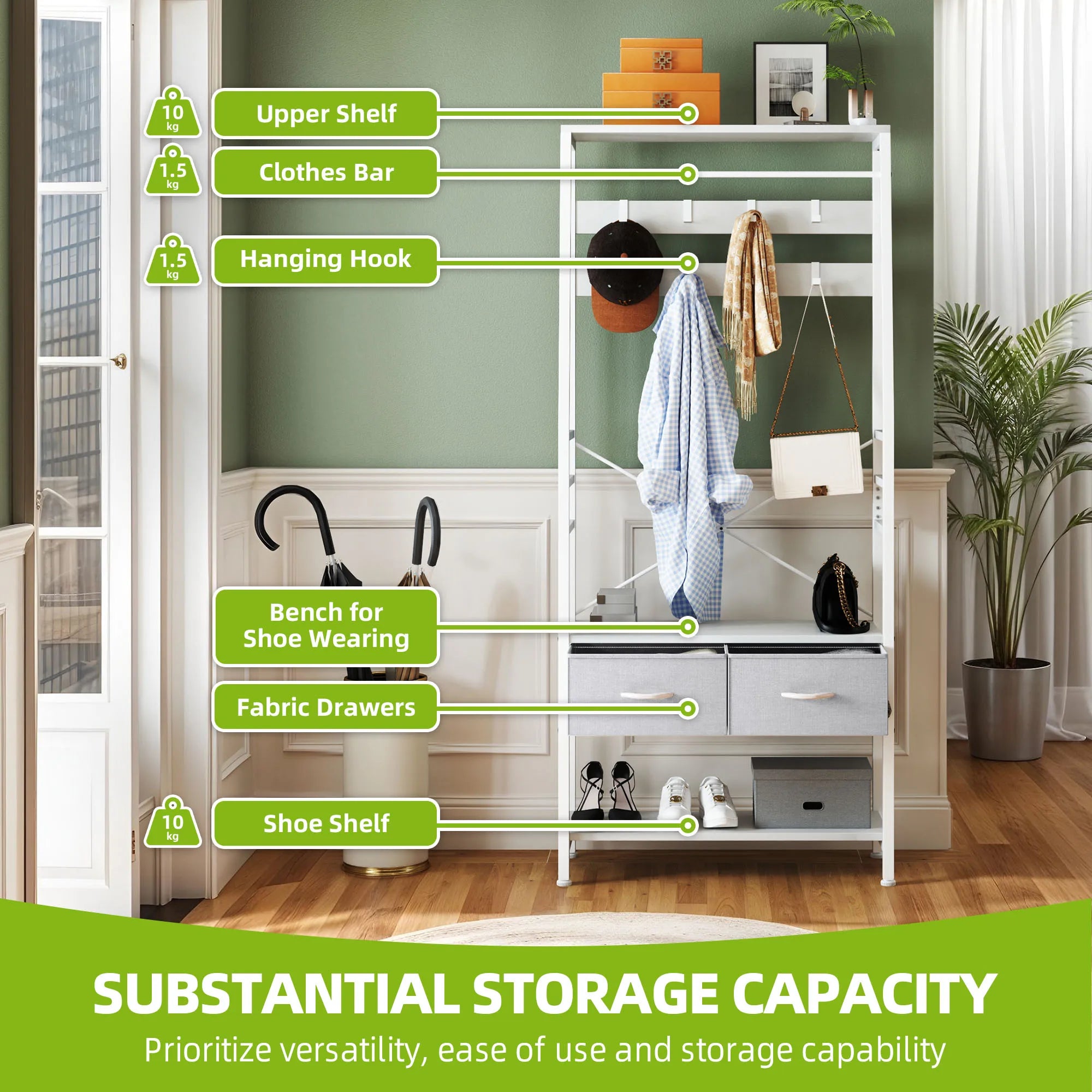 YITAHOME White Industrial Coat Rack - Hall Tree with Bench, 8 Hooks and 2 Foldable Drawers for Entryway Living Room