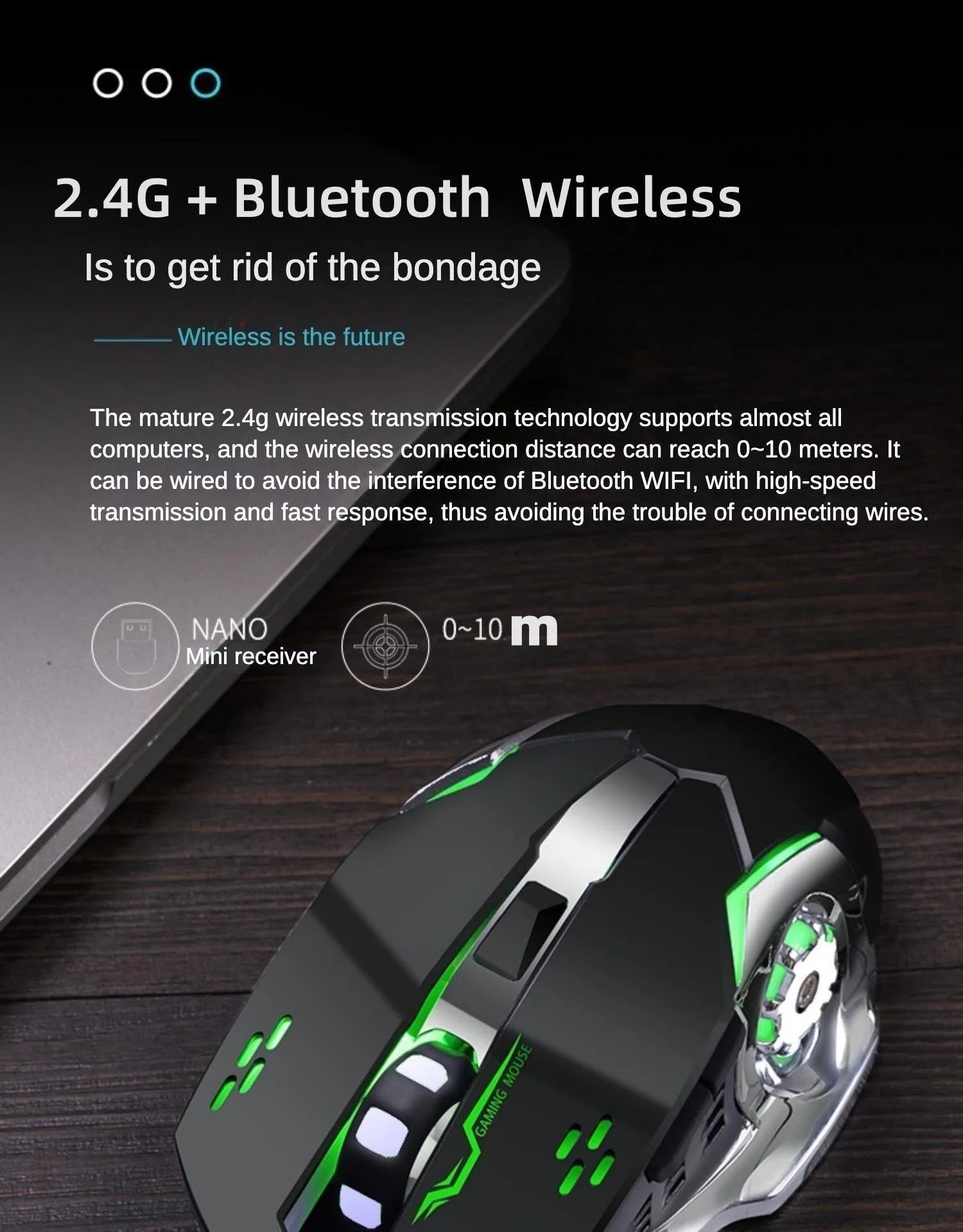 Wireless Computer Gaming Mouse, Mice With LED Backlit, Ergonomic Gamer Mouse With 6 Silent Buttons, 3 Adjustable DPI for PC