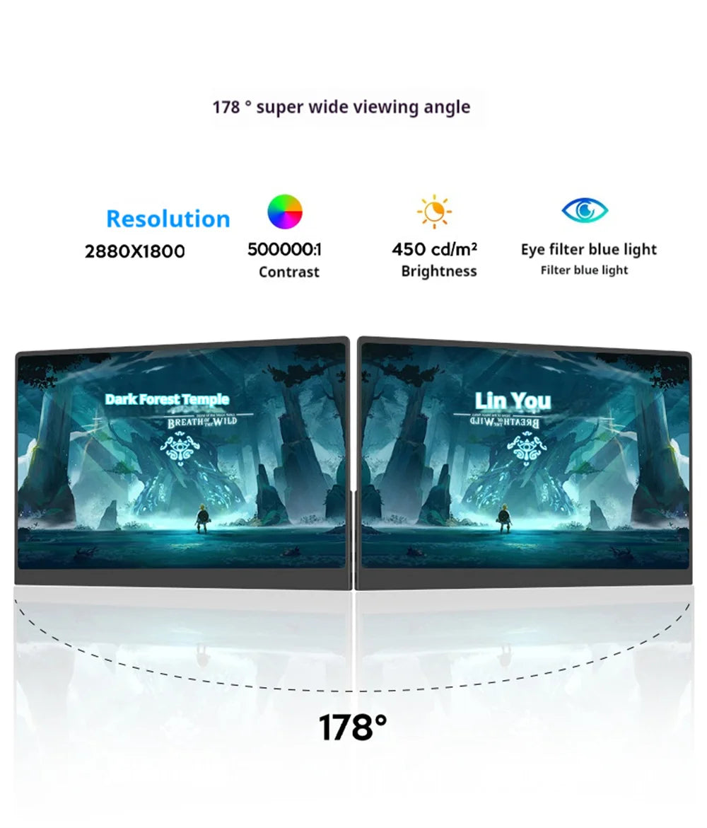 3K 16inch Portable Monitor 2880*1800 450d/m2 100%DCI-P3 For Laptop Second Screen HDMI-Compatible Games Expand Display