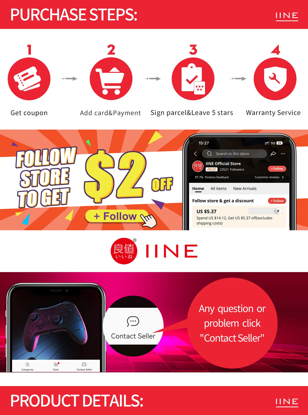 IINE PC/iOS/Android/Phone/Switch Wireless Controller , Hall Effect Triggers & Hall Effect Joysticks & 1000Hz Polling Rate