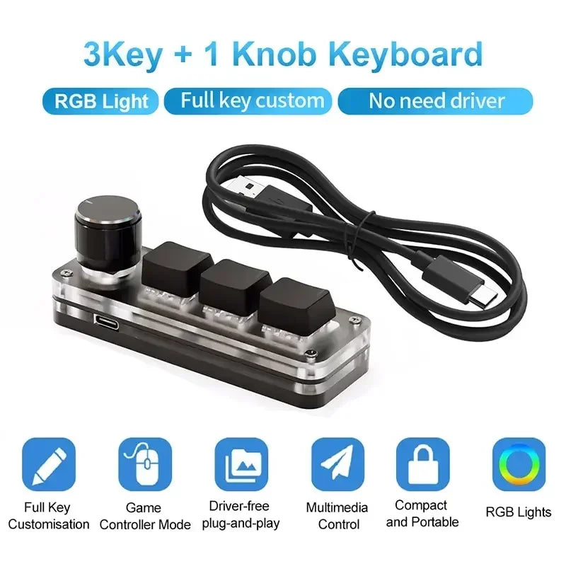 Mini Macro Mechanical Keyboard with 3 Keys 1 Knob USB RGB Gaming Custom Programming Switch Portable Keypad for PC Game Photoshop
