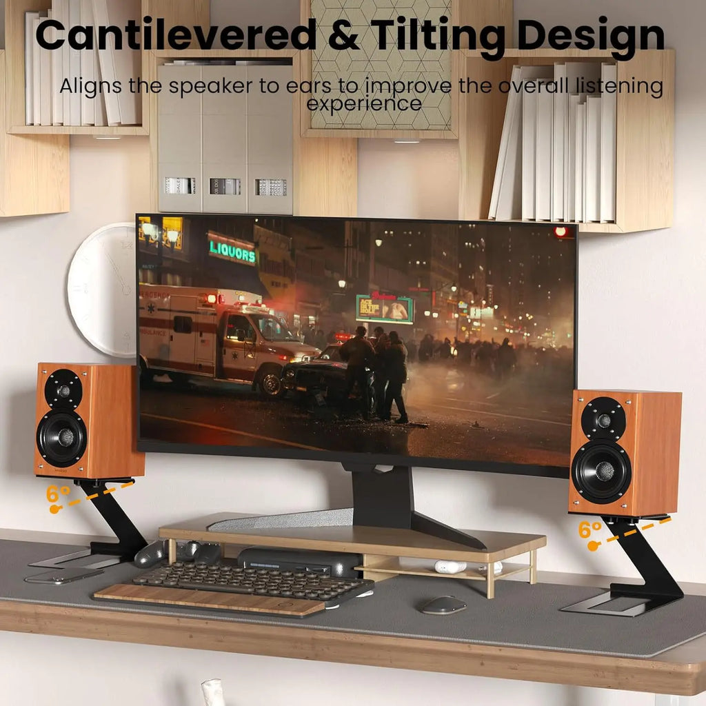 Desktop Speaker Stands 1 piece Carbon Steel Cantilevered Speaker Bracket with Vibration Absorption Pad for Computer Monitors