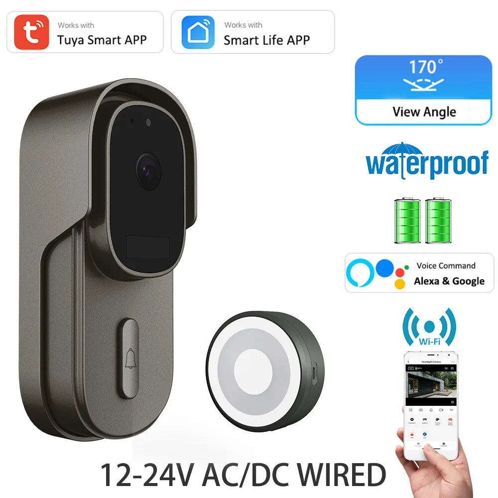 Tuya Video Doorbell WiFi Wireless Door Bell DC AC Battery Powered 1080P 2MP Waterproof with Alexa Door bell Camerar Smart Home