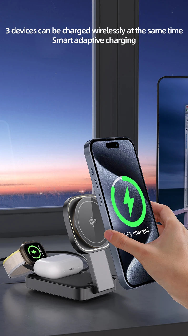 3in1 Magnetic Wireless Charger QI2 Magsafe Folding Wireless Charging Station for iphone 16 pro iWatch AirPods Wireless Charger