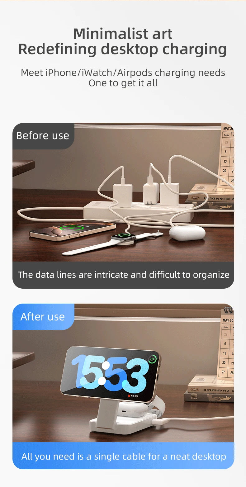 3in1 Magnetic Wireless Charger QI2 Magsafe Folding Wireless Charging Station for iphone 16 pro iWatch AirPods Wireless Charger