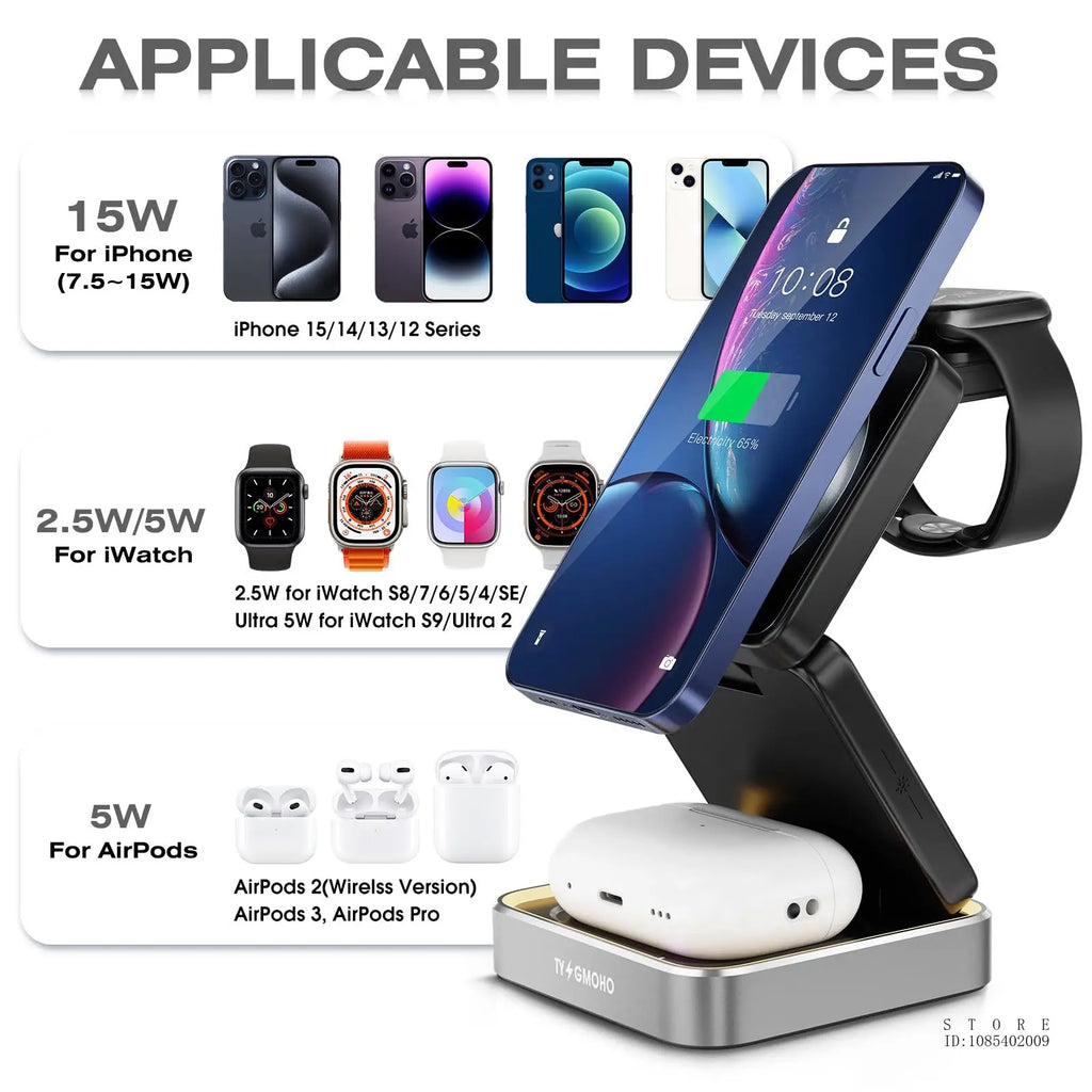 Wireless Charger 3-in-1,Portable Travel Foldable Charger Aluminum Stand for iPhone 15 14 13 12 Pro Max Plus Watch & Airpods