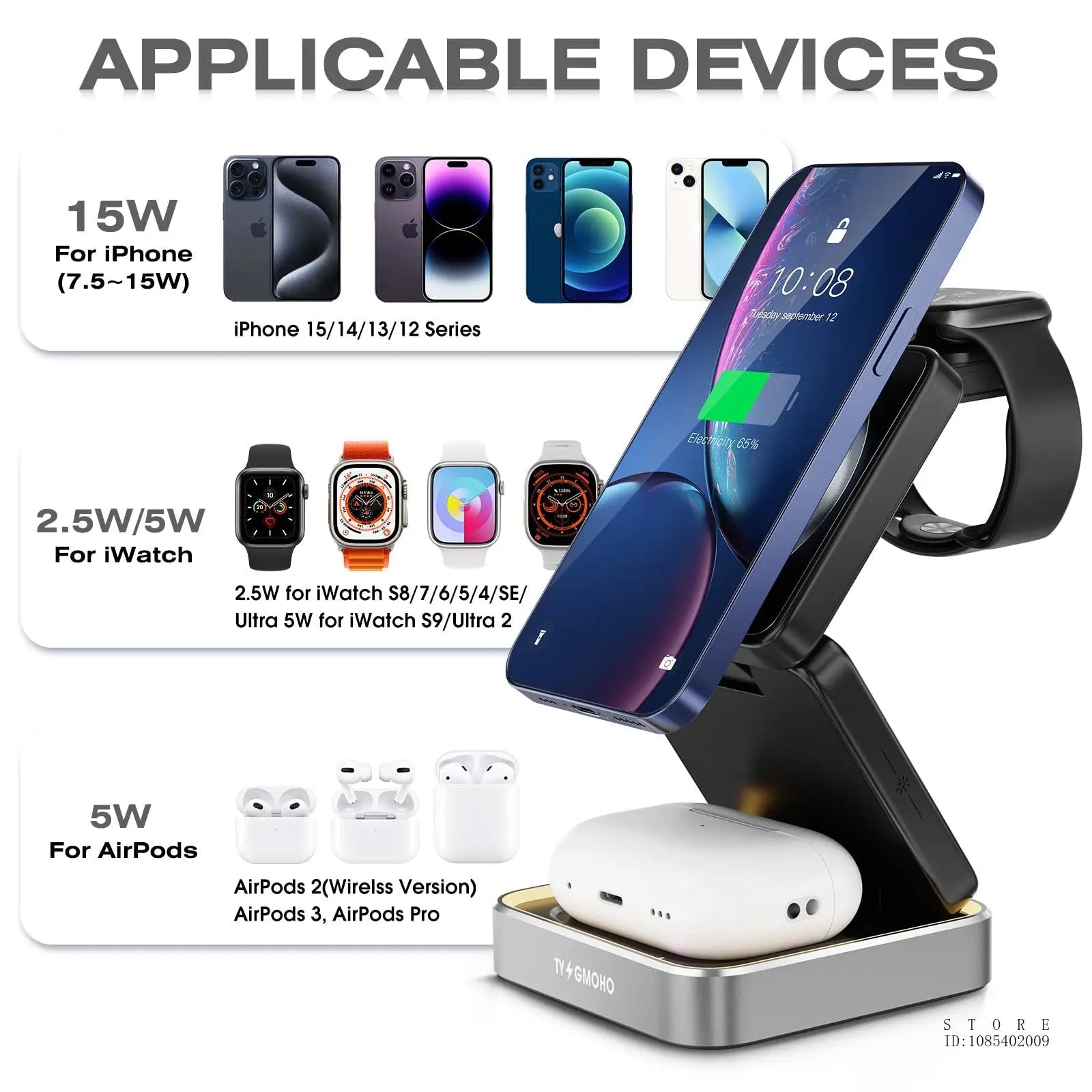 Wireless Charger 3-in-1,Portable Travel Foldable Charger Aluminum Stand for iPhone 15 14 13 12 Pro Max Plus Watch & Airpods