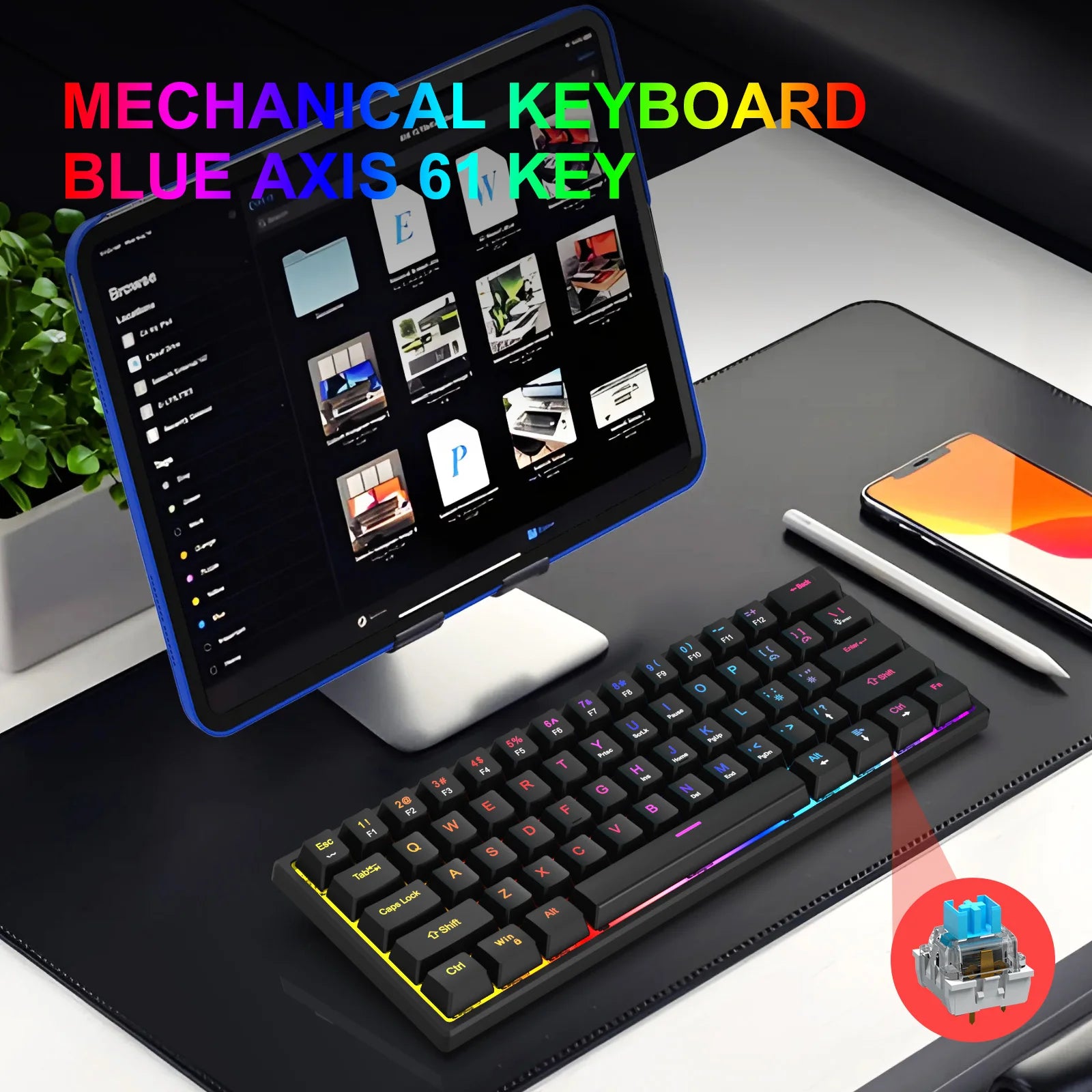 61 Keys Mechanical Keyboard Wired Gaming Keyboard Portable Ergonomics Keyboard Hot-Swappable RGB Backlit Cyan Axis Keycap For PC