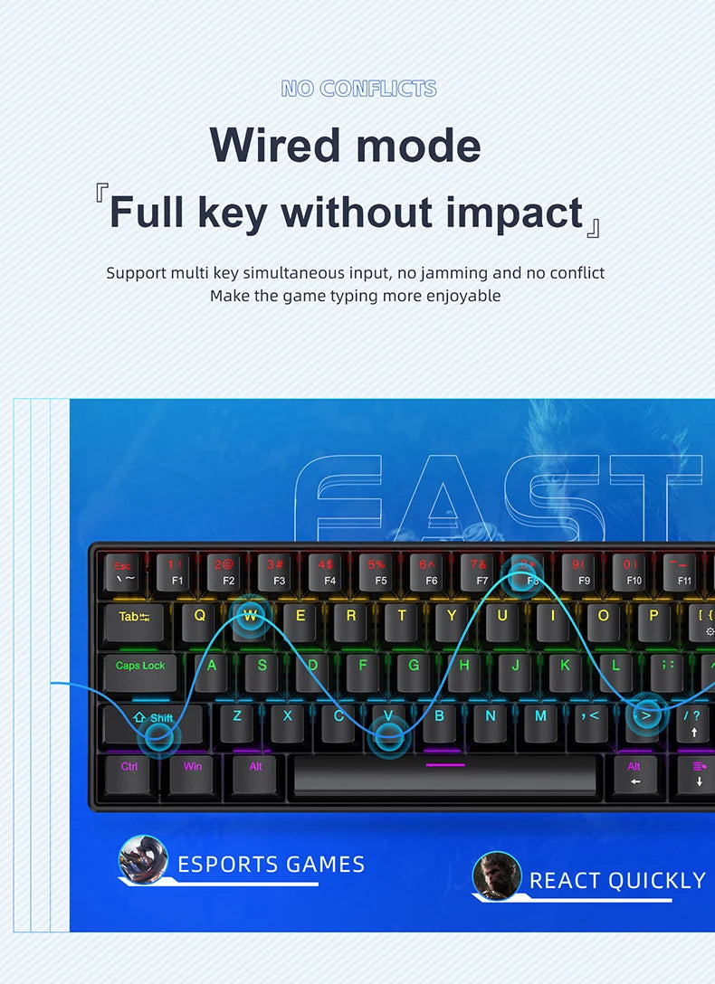 K61 Wired Mechanical Keyboard,61-key Design,1000Hz Return Rate,USB2.0 Full-speed Connection to Devices