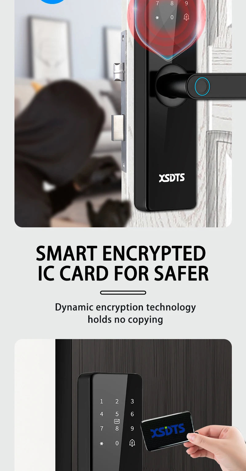 Electronic Smart Door Lock With Biometric Fingerprint Smart Card Password Key Unlock USB Tuya APP Emergency Charge lock For home