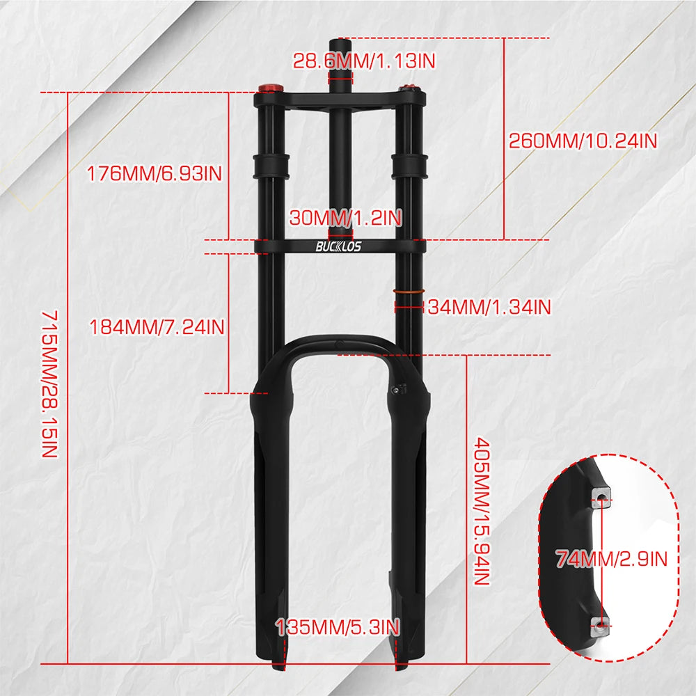 BUCKLOS 26*4.0 Snow Bike Fork Air Suspension Bicycle Fat Fork 4.0 Tire 9*135mm Mountain Bike Forks Beach E-Bike Forks