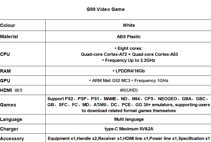 8-Core Processor Game Console G99 for P1/P2/FC(Over 35 Emulators) with 4K HD Display,2.2GHz Frequency & Multi-Language Support