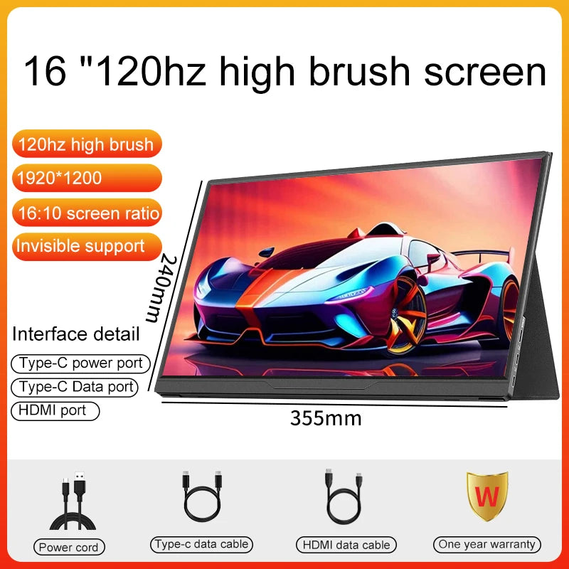 16inch Portable Monitor 120HZ 100%sRGB Display FHD External Second Computer Screen Gaming for PC Laptop Cell Phone Ps4/5 Switch