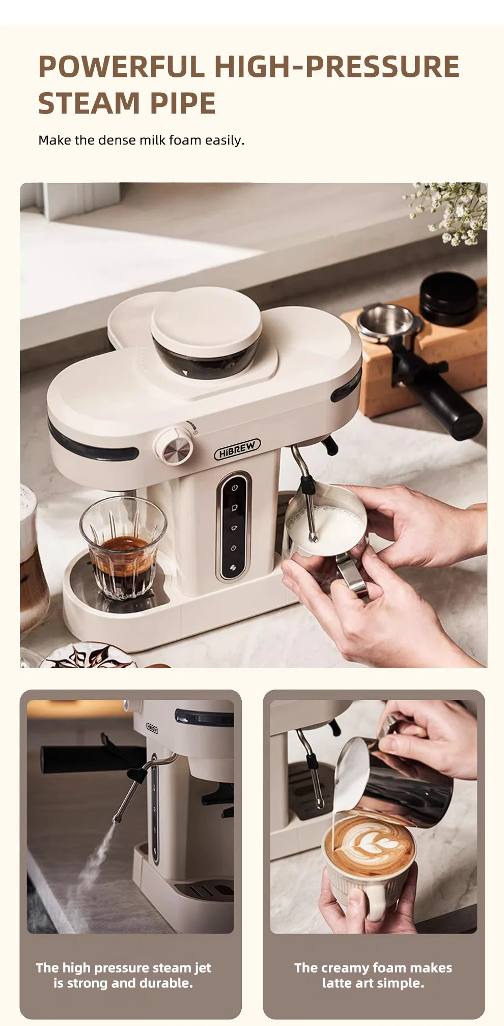 HiBREW 20 Bar Semi Automatic Espresso Coffee Maker With Grinder Bean For Cappuccino and Latte Milk Frothing System Machine H14