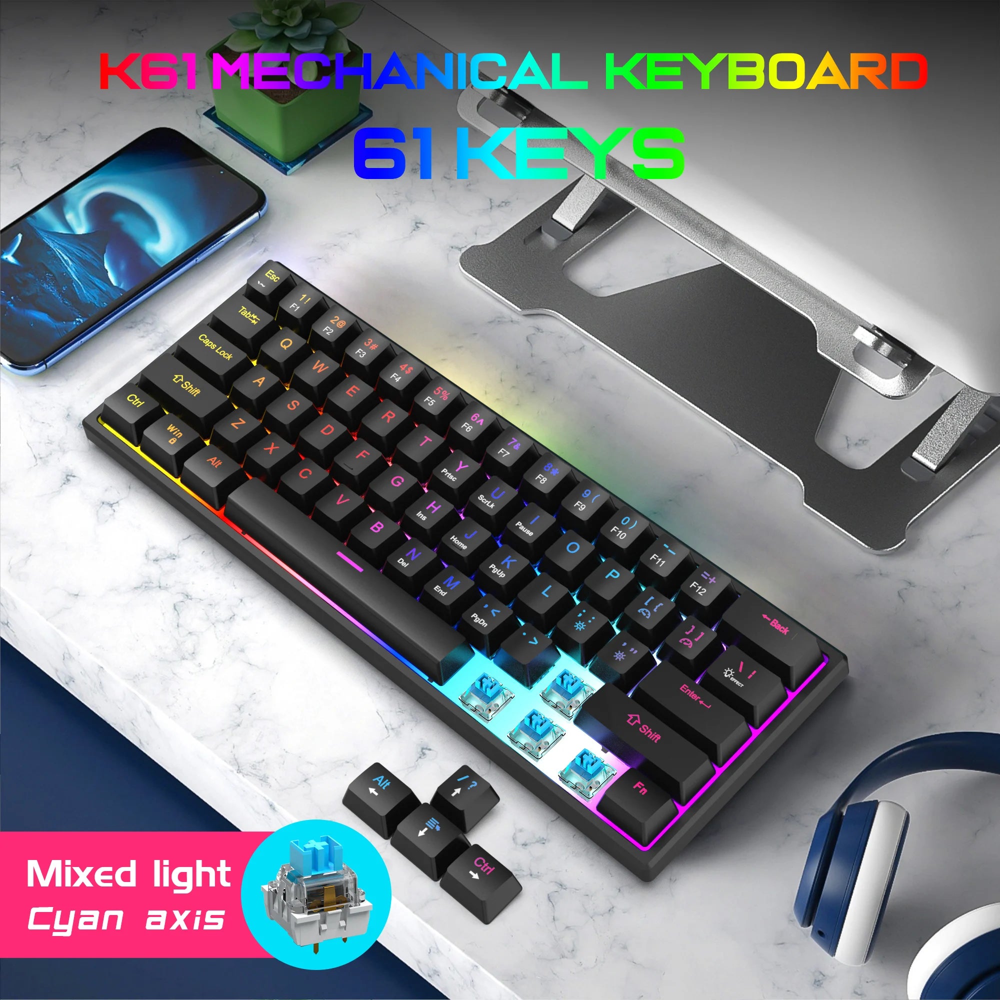 61 Keys Mini Mechanical Keyboard K61 RGB 60% Portable Wired Ergonomic Esports Gaming Keyboard for Computer Laptop Gamer Office