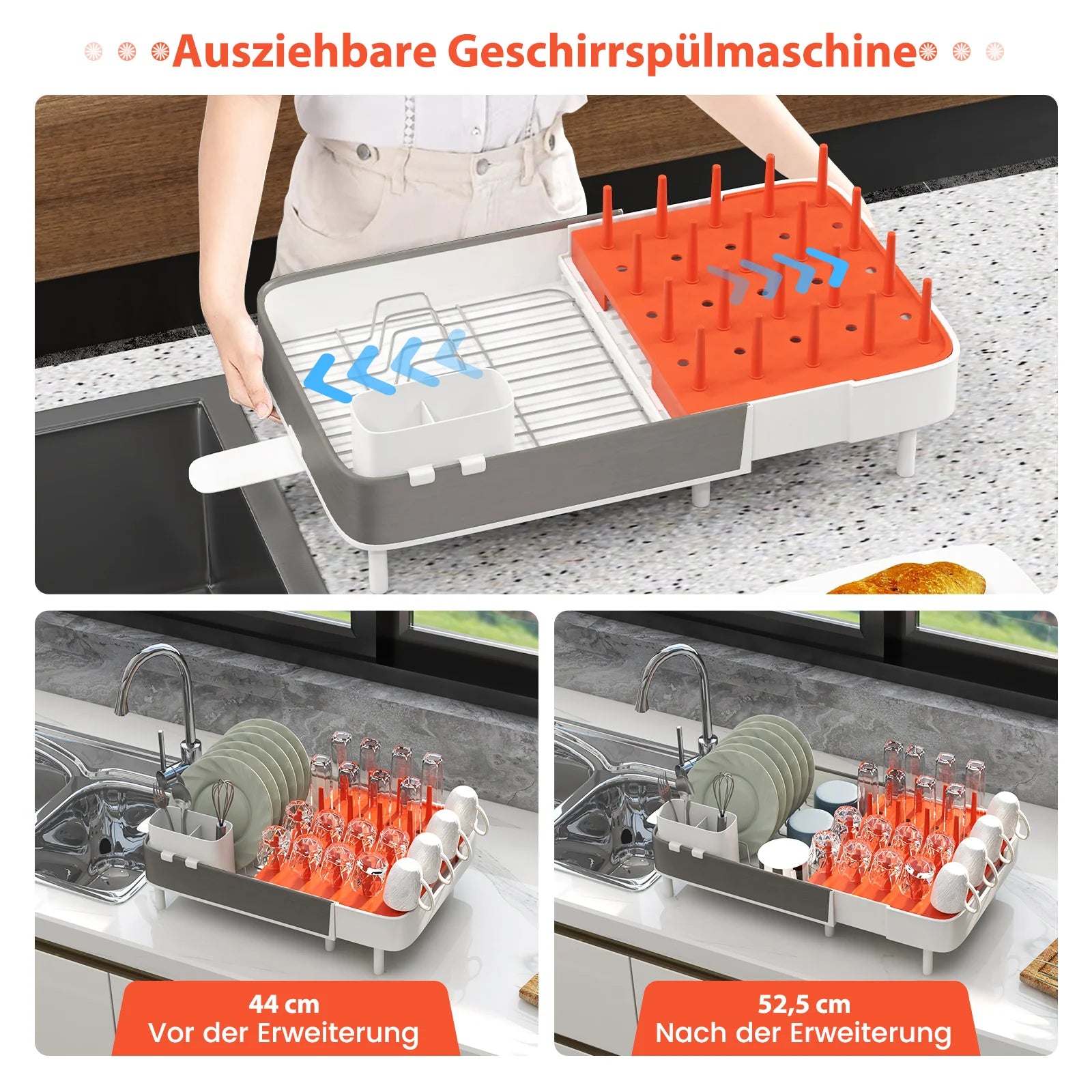 Adjustable Drainer Rack, Expandable Dish Rack with Removable Cutlery Holder & Cup Holder, 360 ° Rotating Outlet
