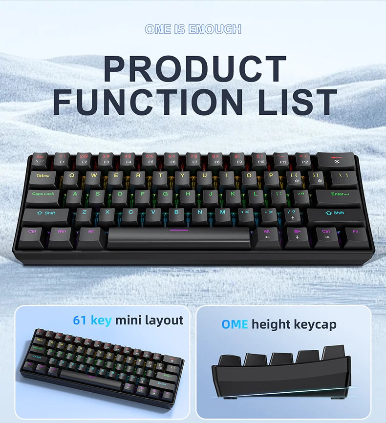 K61 Wired Mechanical Keyboard,61-key Design,1000Hz Return Rate,USB2.0 Full-speed Connection to Devices