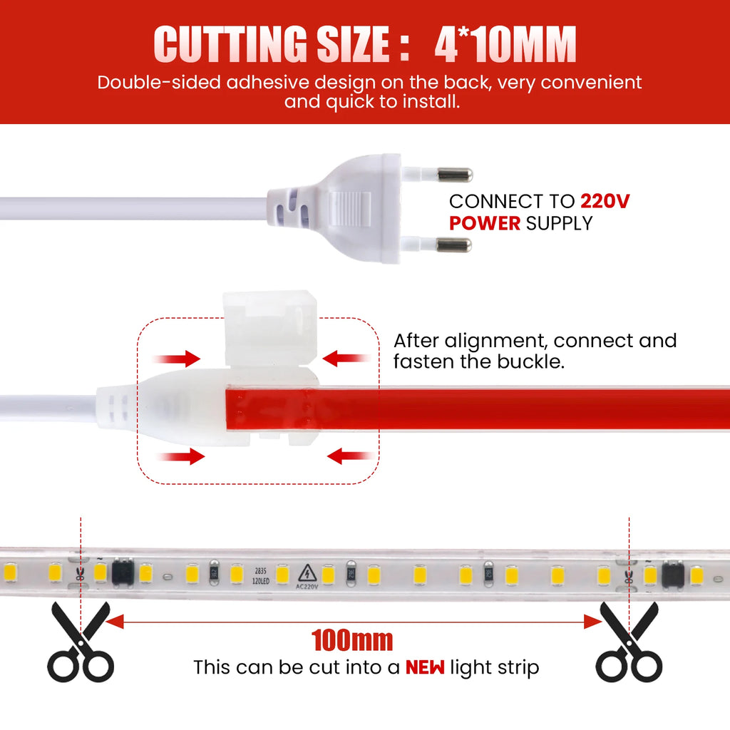 220V LED Strip Light 0.5m 5m 10m 20m 25m 30m 40m 2835 120LEDs Flexible LED Tape with Adhesive Tape Waterproof Ribbon Light