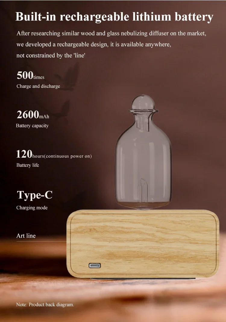 Rechargeable Essential Oil Diffuser Waterless Nebulizing Diffuser Electric Smell for Home Office Wood and Glass Aroma Diffuser