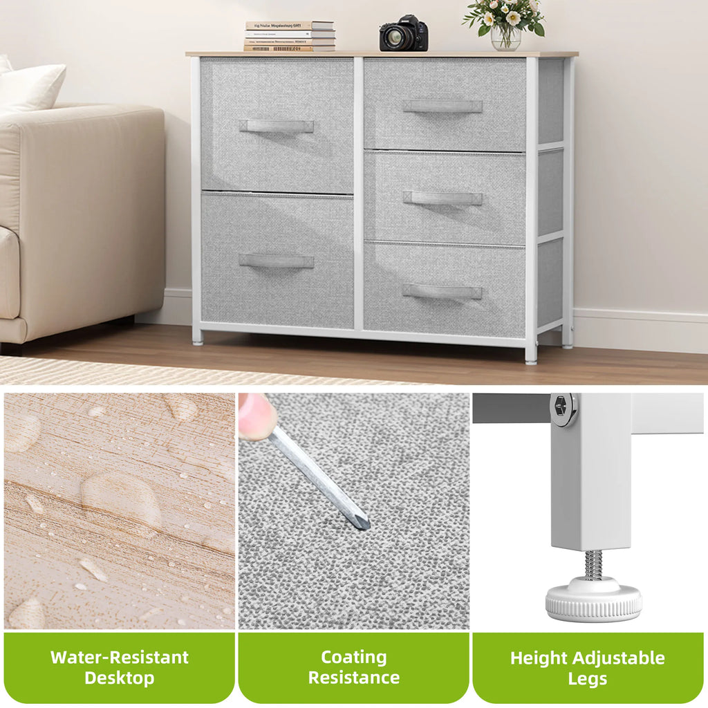 YITAHOME 5-Drawer Fabric Dresser - Steel Frame & Wood Top w/Easy-Pull Bins, for Bedroom, Living Room, Nursery (Cool Gray)