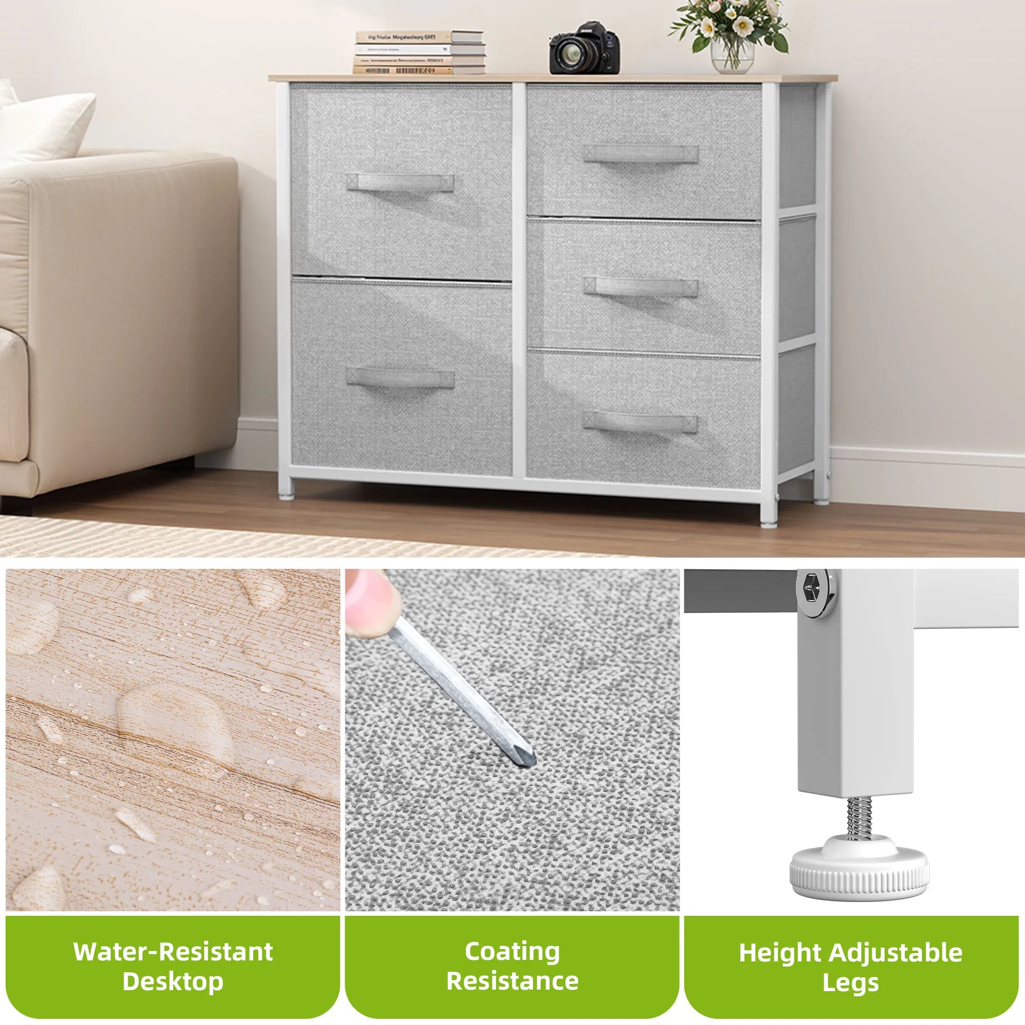 YITAHOME 5-Drawer Fabric Dresser - Steel Frame & Wood Top w/Easy-Pull Bins, for Bedroom, Living Room, Nursery (Cool Gray)