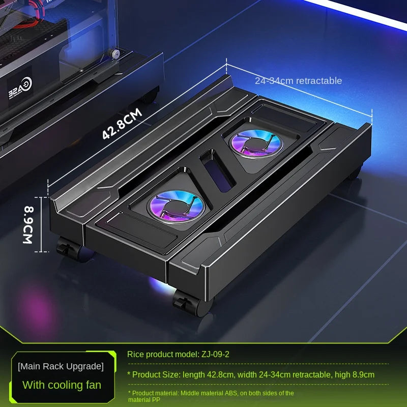 Mobile PC Tower Stand Adjustable Computer CPU Holder Telescopic Desktop Stand CPU Cart with RGB Cooling Fan Heat Dissipation